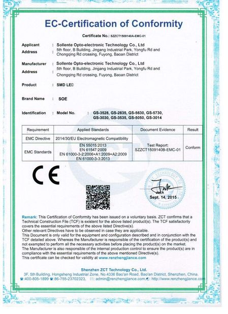 Çin Sollente Opto-Electronic Technology Co., Ltd Sertifikalar